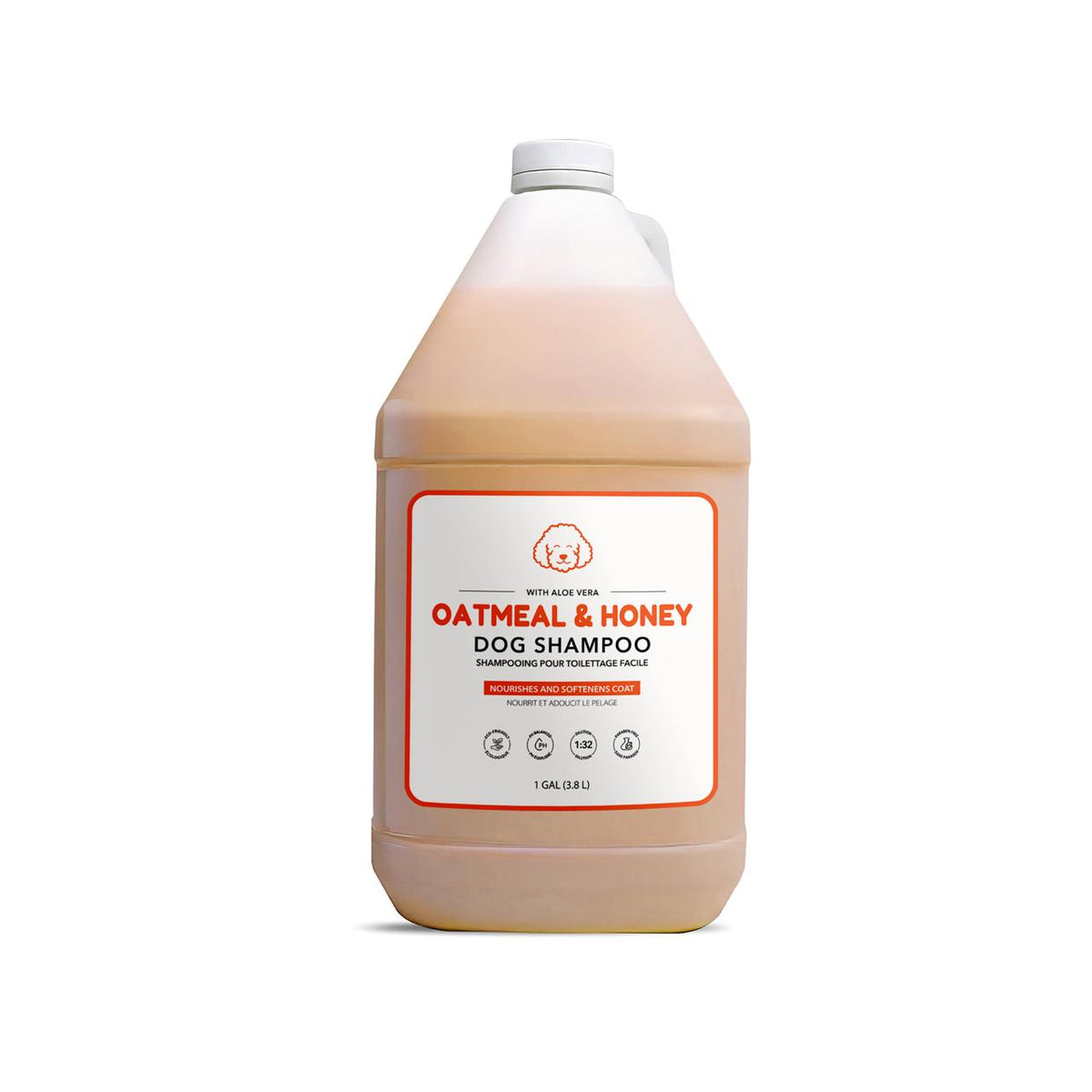 Oatmeal and honey dog shampoo, 3.8 L (1 US gal) jug with an orange label