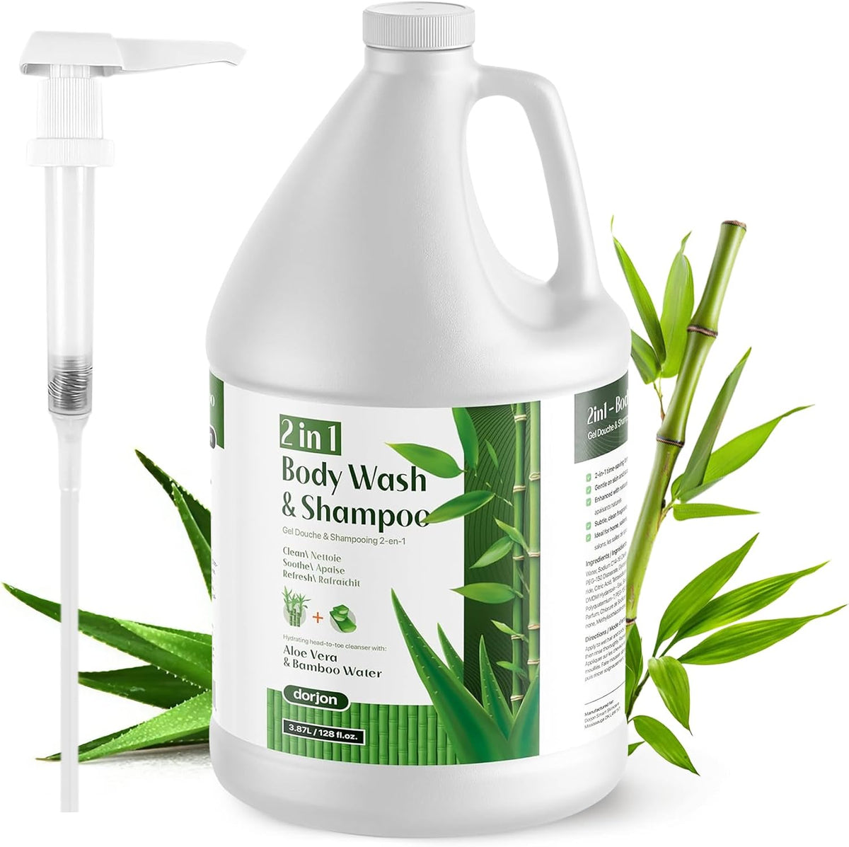 Dorjon 2-in-1 body wash and shampoo, 1 US gallon jug with a pump, beside aloe vera and bamboo