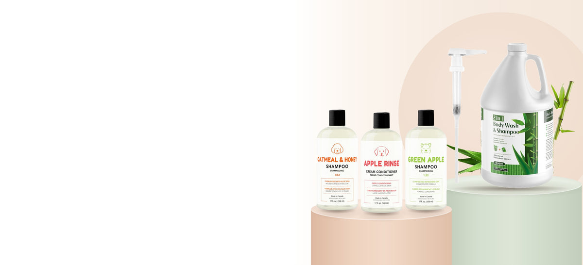 Dorjon Oatmeal & Honey, Apple Rinse and Green Apple 500 mL dog bottles beside a 1 gallon 2-in-1 body wash and shampoo jug with pump